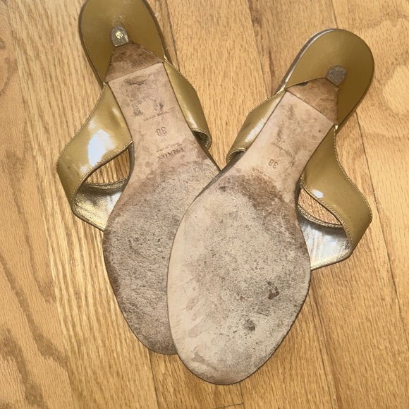 Prada gold w/silver hardware slides/sandals w/ kitten heel. - Picture 8 of 9